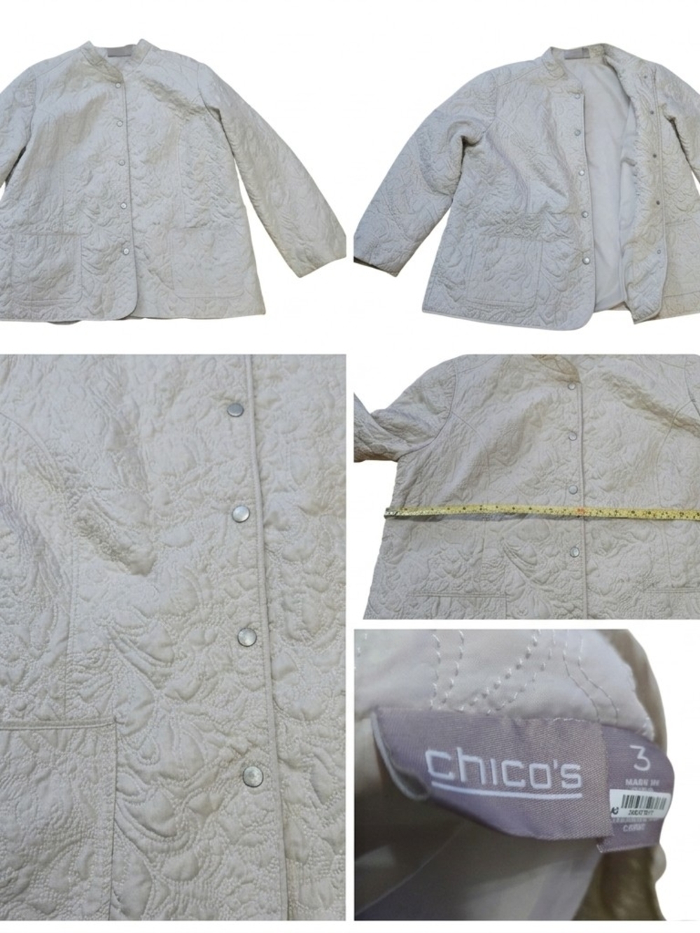 Chico’s Matelassé Quilted Jacket Cream Off-White Snap Front Size 3 Floral